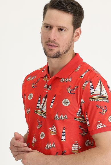 Erkek Giyim - AÇIK KIRMIZI XL Beden Polo Yaka Slim Fit Desenli Tişört
