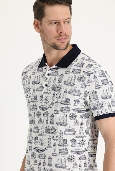 Erkek Giyim - BEYAZ L Beden Polo Yaka Slim Fit Desenli Tişört