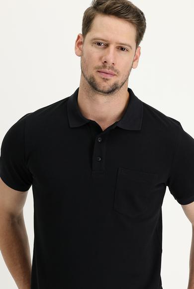 Erkek Giyim - SİYAH L Beden Polo Yaka Regular Fit Nakışlı Tişört