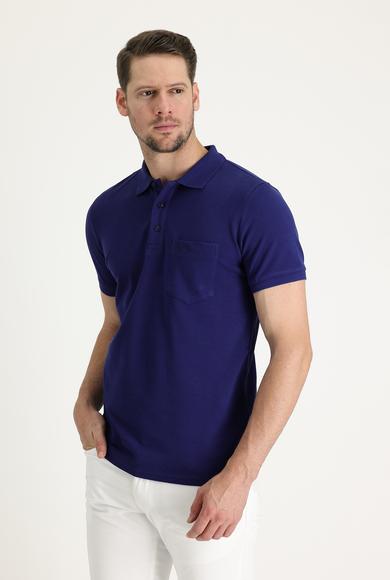 Erkek Giyim - SAKS MAVİ M Beden Polo Yaka Regular Fit Nakışlı Tişört