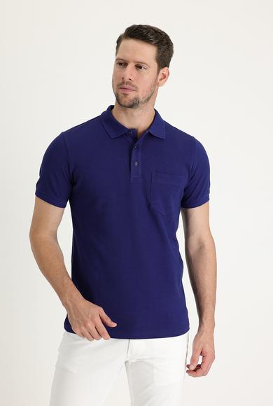 Erkek Giyim - SAKS MAVİ M Beden Polo Yaka Regular Fit Nakışlı Tişört