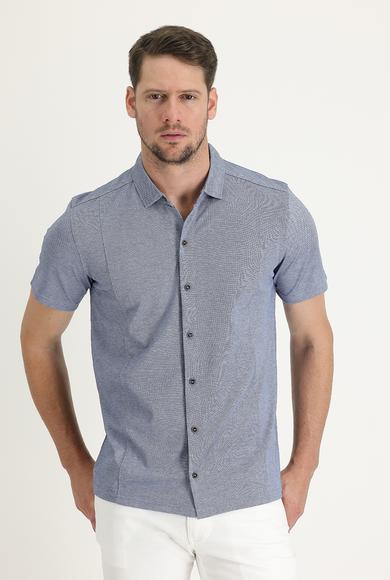 Erkek Giyim - ORTA LACİVERT XL Beden Yarım İtalyan Yaka Slim Fit Tişört