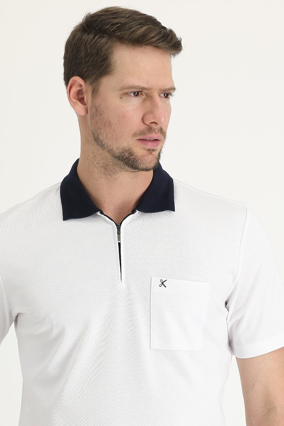 Erkek Giyim - Polo Yaka Regular Fit Fermuarlı Nakışlı Tişört