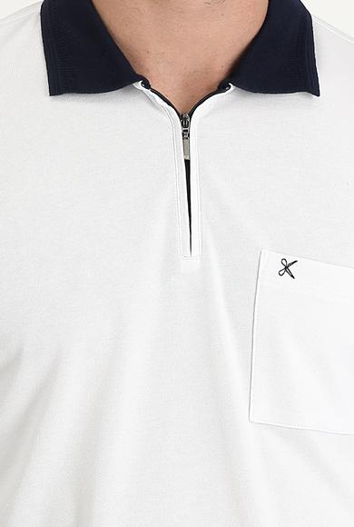 Erkek Giyim - BEYAZ XL Beden Polo Yaka Regular Fit Fermuarlı Nakışlı Tişört