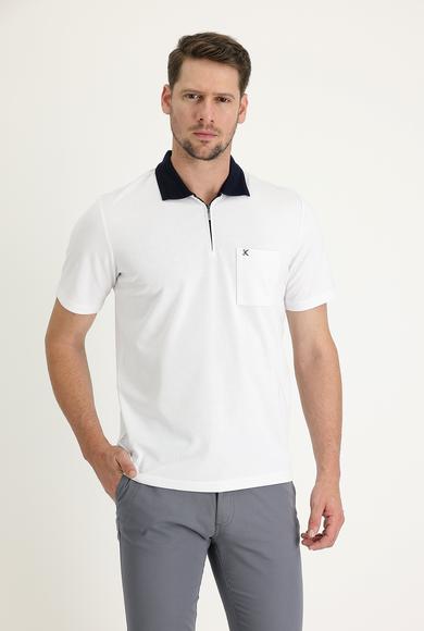 Erkek Giyim - BEYAZ XL Beden Polo Yaka Regular Fit Fermuarlı Nakışlı Tişört
