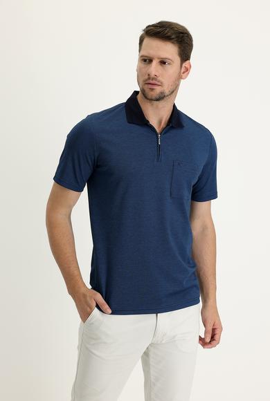 Erkek Giyim - KOYU LACİVERT L Beden Polo Yaka Regular Fit Fermuarlı Nakışlı Tişört