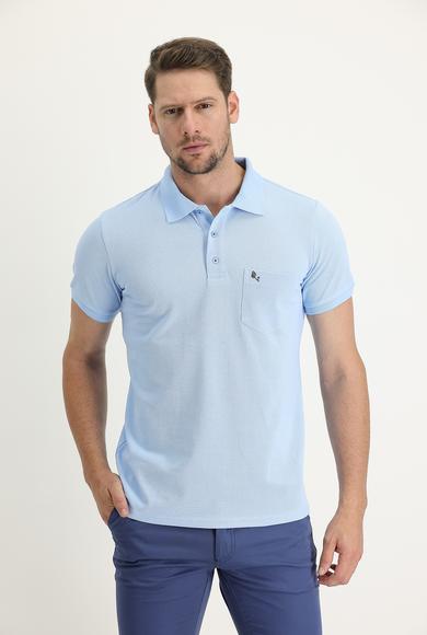 Erkek Giyim - UÇUK MAVİ L Beden Polo Yaka Regular Fit Nakışlı Tişört