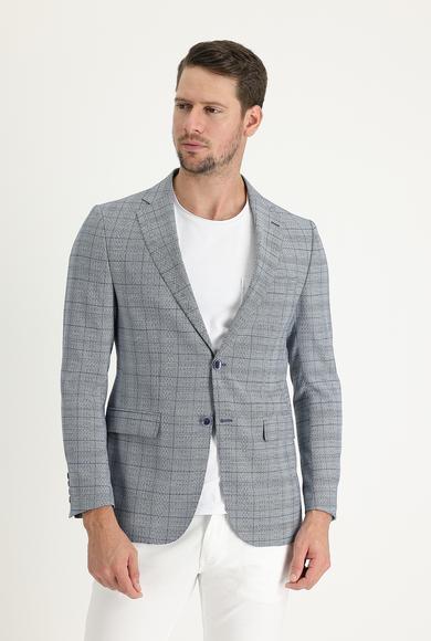 Erkek Giyim - KOYU MAVİ 56 Beden Regular Fit Ekose Ceket