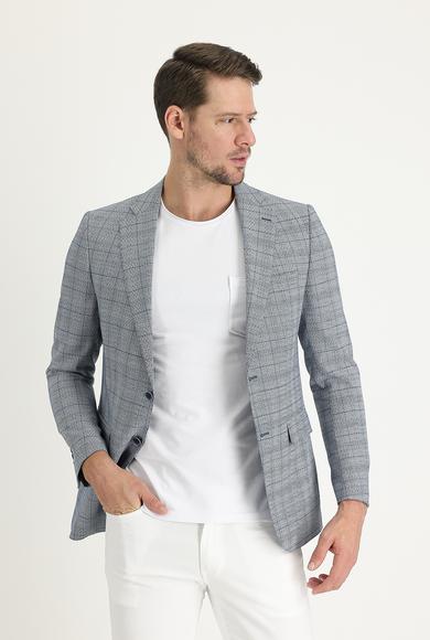 Erkek Giyim - KOYU MAVİ 56 Beden Regular Fit Ekose Ceket