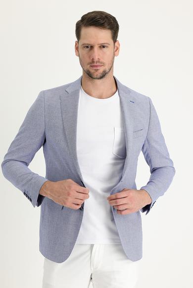 Erkek Giyim - SAKS MAVİ 50 Beden Klasik Desenli Keten Ceket
