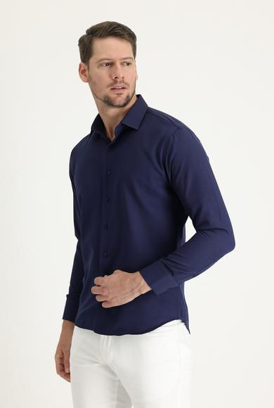 Erkek Giyim - KOYU LACİVERT XS Beden Uzun Kol Slim Fit Klasik Desenli Gömlek