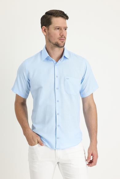 Erkek Giyim - MAVİ L Beden Kısa Kol Regular Fit Desenli Gömlek