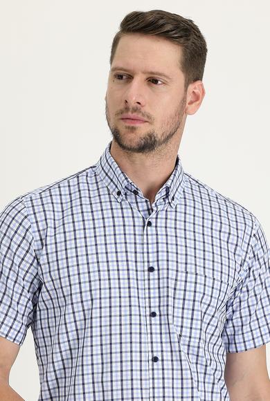 Erkek Giyim - AÇIK MAVİ 3X Beden Kısa Kol Regular Fit Ekose Gömlek