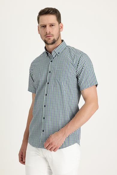 Erkek Giyim - ÇİMEN YEŞİLİ 3X Beden Kısa Kol Regular Fit Ekose Gömlek