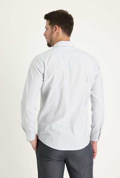 Erkek Giyim - AÇIK GRİ L Beden Uzun Kol Slim Fit Çizgili Gömlek