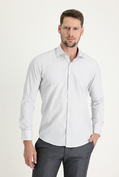 Erkek Giyim - AÇIK GRİ XL Beden Uzun Kol Slim Fit Klasik Çizgili Gömlek