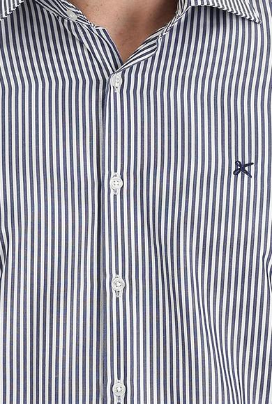 Erkek Giyim - ORTA LACİVERT L Beden Uzun Kol Slim Fit Klasik Çizgili Gömlek