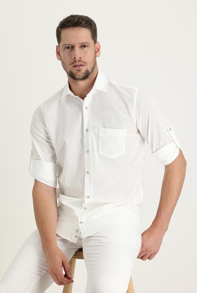 Erkek Giyim - KIRIK BEYAZ XL Beden Uzun Kol Relax Fit Keten Görünümlü Gömlek