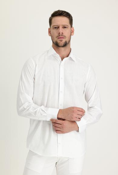 Erkek Giyim - BEYAZ L Beden Uzun Kol Relax Fit Keten Görünümlü Gömlek