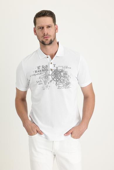Erkek Giyim - BEYAZ 3X Beden Polo Yaka Desenli Tişört