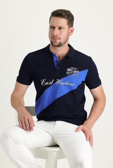Erkek Giyim - ORTA LACİVERT XXL Beden Polo Yaka Baskılı Tişört