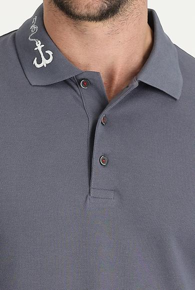 Erkek Giyim - ORTA GRİ S Beden Polo Yaka Desenli Tişört