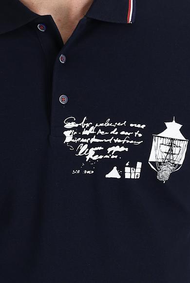 Erkek Giyim - ORTA LACİVERT XXL Beden Polo Yaka Desenli Tişört