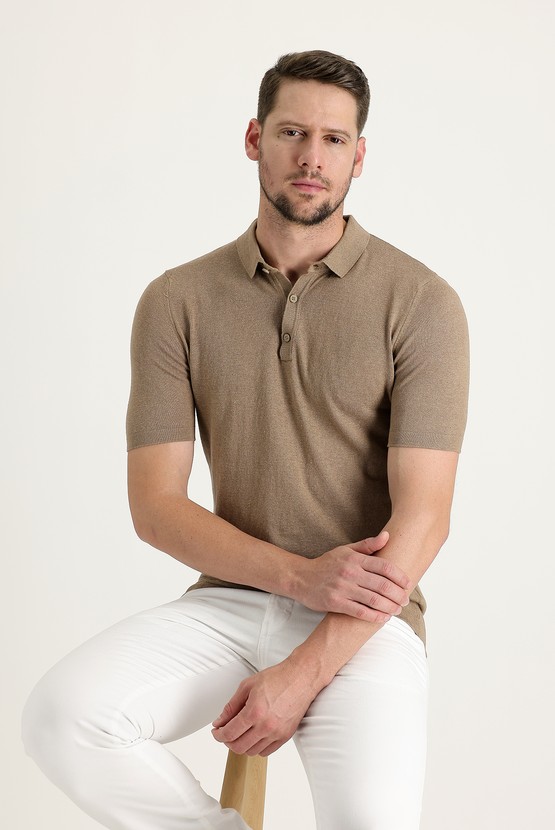 Erkek Giyim - Polo Yaka Slim Fit Keten Tişört