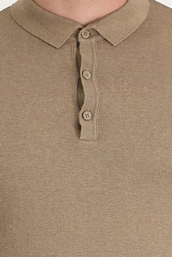 Erkek Giyim - Polo Yaka Slim Fit Keten Tişört