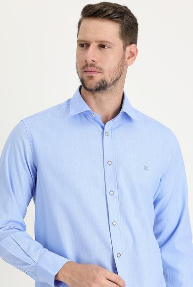 Erkek Giyim - AÇIK MAVİ M Beden Uzun Kol Relax Fit Keten Görünümlü Gömlek