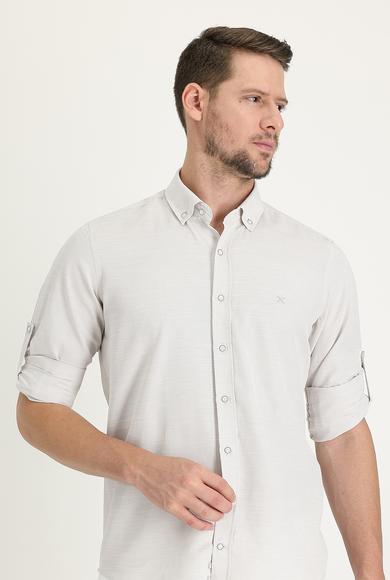 Erkek Giyim - AÇIK BEJ M Beden Uzun Kol Relax Fit Keten Görünümlü Gömlek