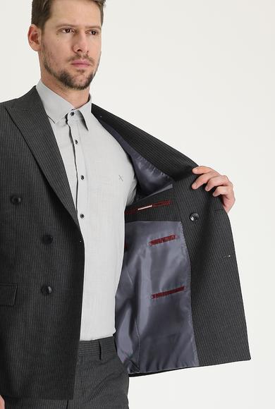 Erkek Giyim - ORTA ANTRASİT 58 Beden Slim Fit Çizgili Kruvaze Takım Elbise