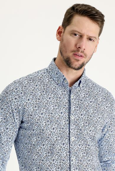 Erkek Giyim - AÇIK MAVİ XS Beden Uzun Kol Slim Fit Baskılı Gömlek
