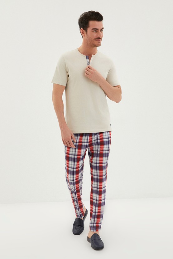 Erkek Giyim - 3'lü Ekose Desen Boxer Şort Pijama Takımı