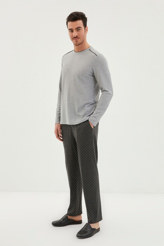 Erkek Giyim - 3'lü Triko Roblu Yarım Waffle Desenli Pijama Takımı