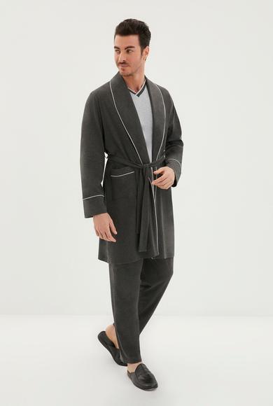 Erkek Giyim - AÇIK GRİ MELANJ S Beden 3'lü Penye Roblu Çift V Yaka Omuzda Zincir Dikişli Pijama Takımı