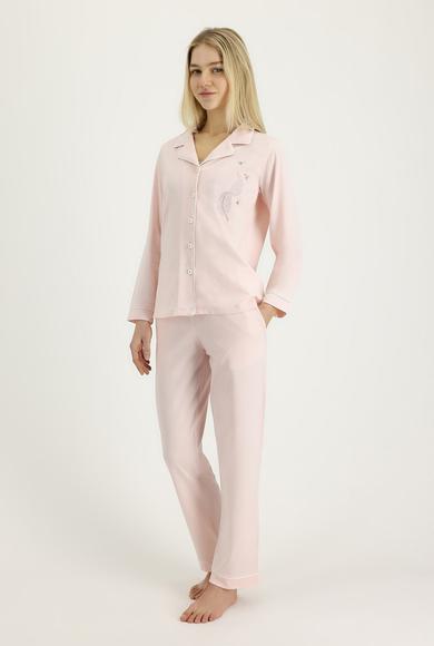 Erkek Giyim - KOYU LACİVERT XL Beden Kadın & Erkek Feather Nakışlı Çeyizlik 4’lü Pijama Seti