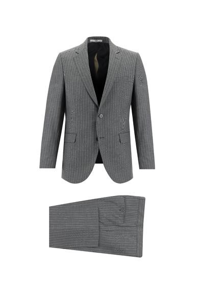 Erkek Giyim - AÇIK ANTRASİT 54 Beden Slim Fit Klasik Çizgili Takım Elbise