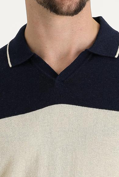 Erkek Giyim - ORTA LACİVERT S Beden Polo Yaka Slim Fit Desenli Keten Tişört