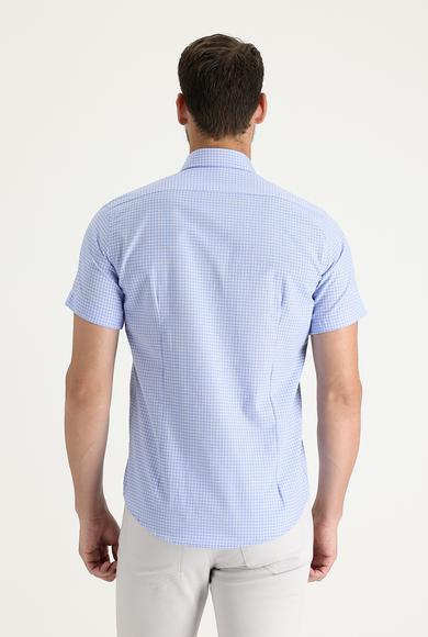 Erkek Giyim - AÇIK MAVİ XXL Beden Kısa Kol Slim Fit Ekose Gömlek