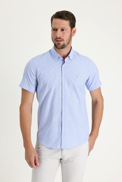 Erkek Giyim - AÇIK MAVİ L Beden Kısa Kol Slim Fit Ekose Gömlek