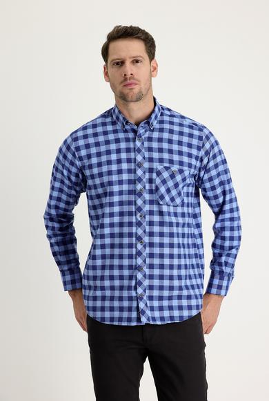 Erkek Giyim - AÇIK LACİVERT 4X Beden Regular Fit Ekose Shacket Gömlek/Mont