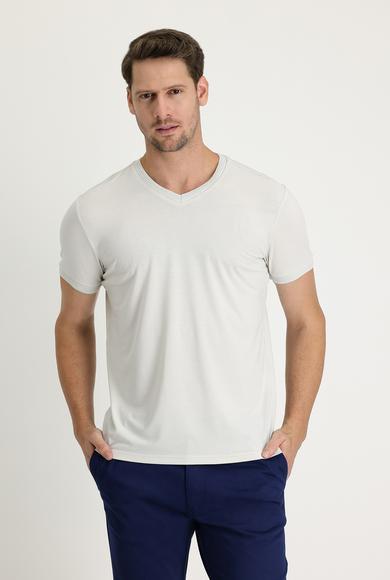 Erkek Giyim - TAŞ XXL Beden V Yaka Slim Fit Nakışlı Tişört