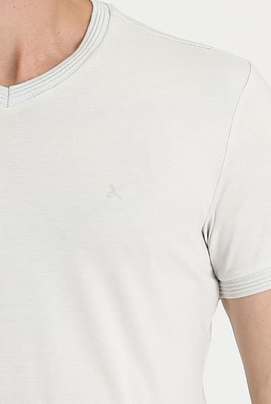 Erkek Giyim - TAŞ XXL Beden V Yaka Slim Fit Nakışlı Tişört