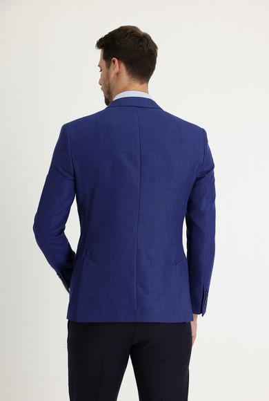 Erkek Giyim - KOYU MAVİ 52 Beden Süper Slim Fit Klasik Desenli Keten Ceket