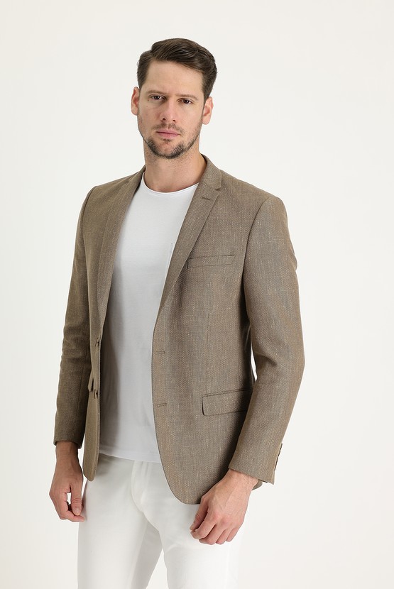 Erkek Giyim - Süper Slim Fit Klasik Desenli Keten Ceket