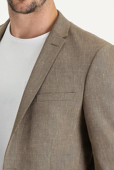 Erkek Giyim - KOYU BEJ 54 Beden Süper Slim Fit Klasik Desenli Keten Ceket