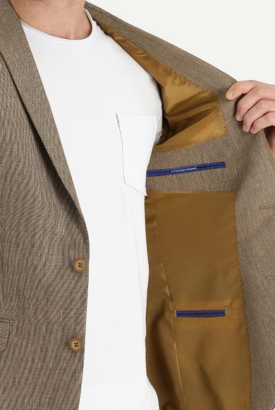 Erkek Giyim - KOYU BEJ 54 Beden Süper Slim Fit Klasik Desenli Keten Ceket
