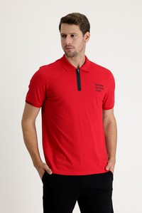 Erkek Giyim - Polo Yaka Slim Fit Baskılı Fermuarlı Tişört