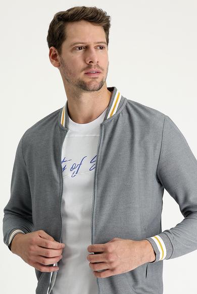 Erkek Giyim - ORTA GRİ XL Beden Slim Fit Fermuarlı Sweatshirt
